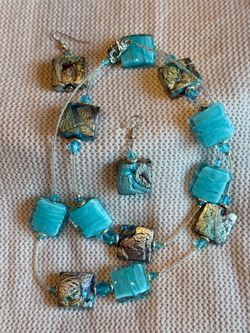 NEW - Set Azure Murano Glass Square Sterling Silver Long Necklace with Earrings Vintage