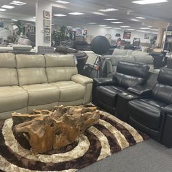 Leather Power Head And Feet 2 Piece Sofa And Love With USB Charging 40% Off