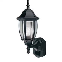 Hampton Bay Alexandria 17.3 in. 1-Light Farmhouse Matte Black Motion Sensing, Dusk-to-Dawn, Outdoor Wall Light Lantern Sconce