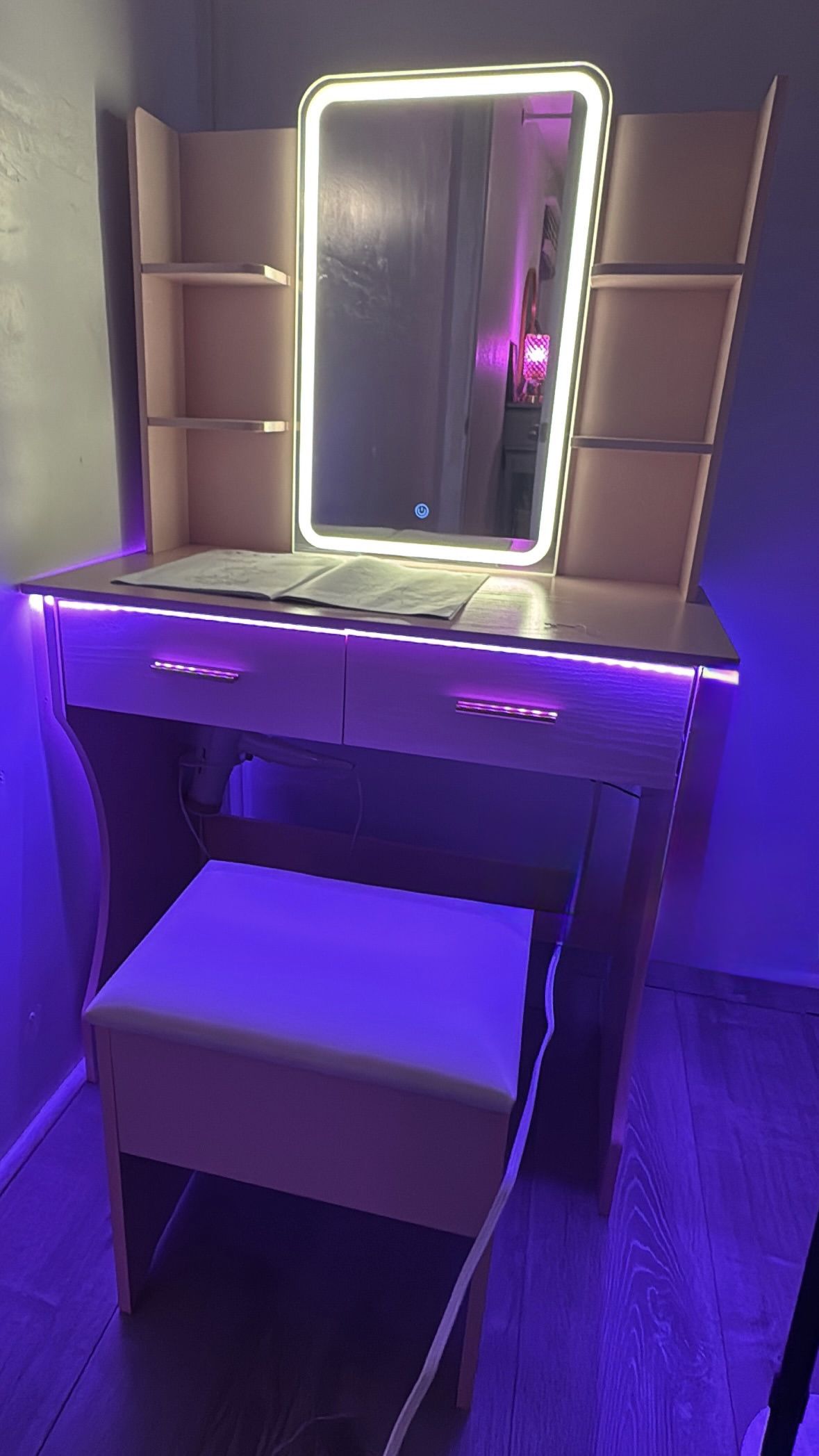 Vanity Makeup Desk with LED Mirror and Lights And Chair