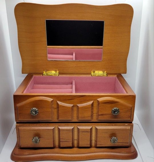 Rustic Vintage Wooden Jewelry Box with Mirror - Antique Commode Organizer
