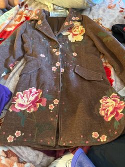 Vintage Floral Embroidered Wool Blend Trench Coat / Duster