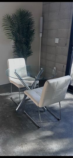 Modern Glass Dining Table Set for 2 – White Upholstered Chairs