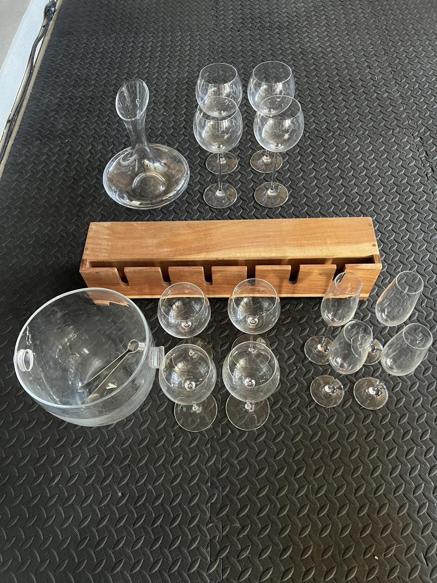 Crate & Barrel Wine Glasses, Champagne Glasses, Ice Bucket, Decanter, and Wine Rack