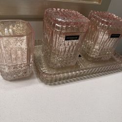 Pink Glass Vanity Organizer Set with Tray – Bathroom or Dresser Decor