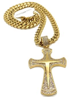 Necklace Stainless Steel 18K Gold Plated Cross With Cubic Zirconia, Width 9MM Size Length 24