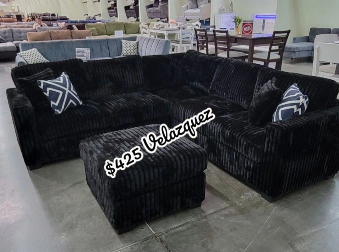 ✅️✅️4 pc black corduroy fabric upholstered sectional sofa with ottoman✅️✅