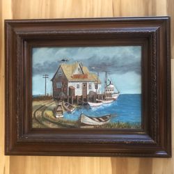 Nice Vintage Original Boathouse Oil Painting On Board Signed-Dated-Framed-24x20”