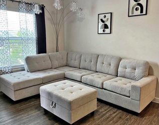 NEW IN BOX Grey  Reversible Sectional + Ottoman -Fabric Water Resistant FINANCE available $54 down