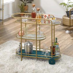 SAUDER  Coral Cape Satin Gold Bar Cart with Glass Shelves