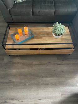 ​Modern Industrial Coffee Table with Drawers (Light Wood / Black Metal)