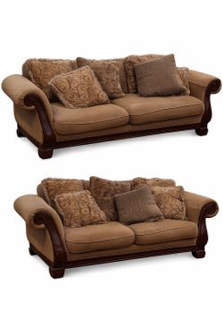 2 Oversized Brown Microfiber Sofa with Rolled Arms & Accent Pillows