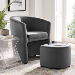 Velvet Armchair and Ottoman Set in Gray