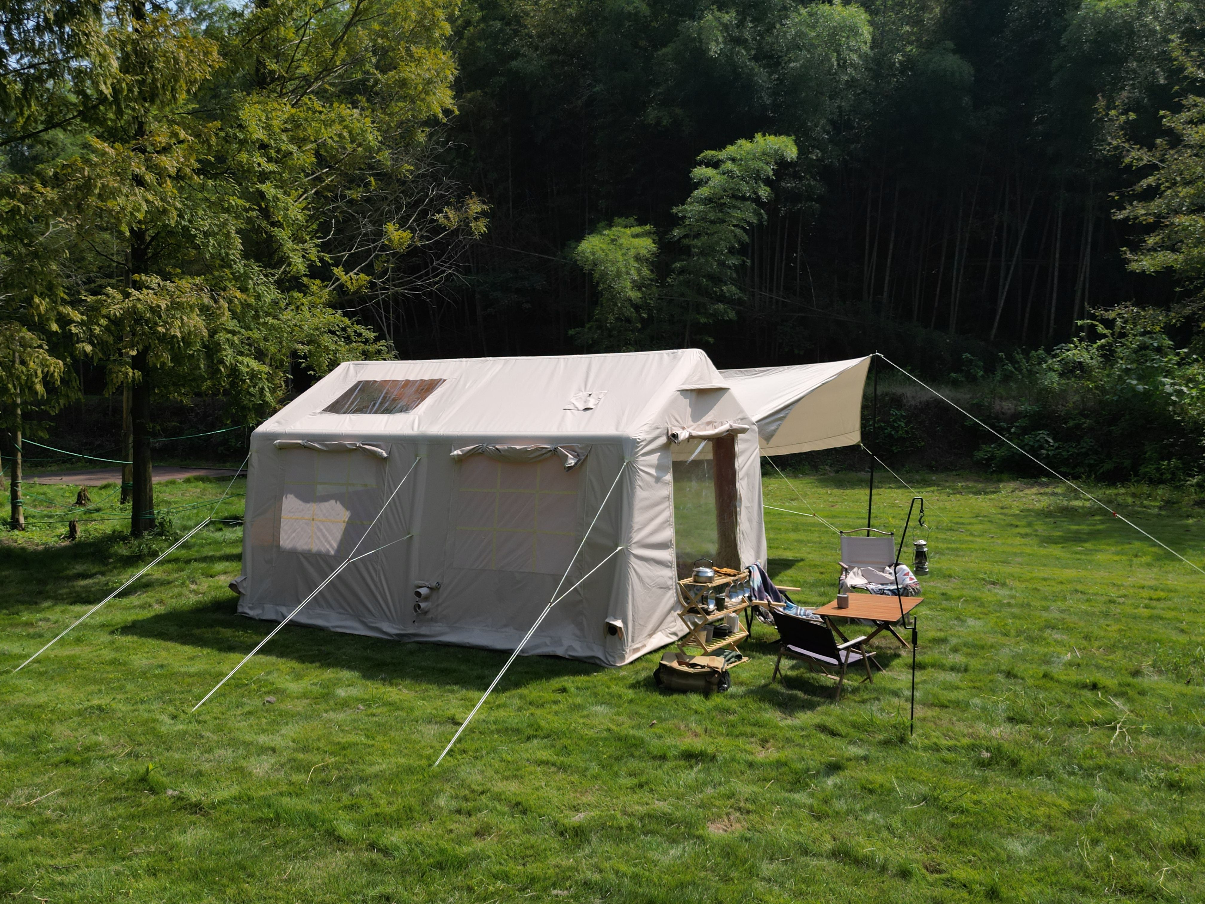 9.8 x13ft with canopy, Inflatable Camping Tents with Hand Pump, Air Glamping Tents, Easy Setup Waterproof and Windproof Blow up Tent Beige