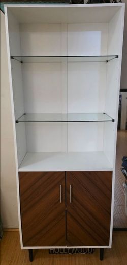 Mid-Century Modern Display Cabinet / Bookcase (White & Walnut Finish)