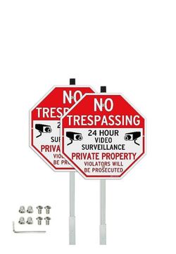 No Trespassing Private Property Signs 2 Pack Aluminum with 36 Inch Stakes New