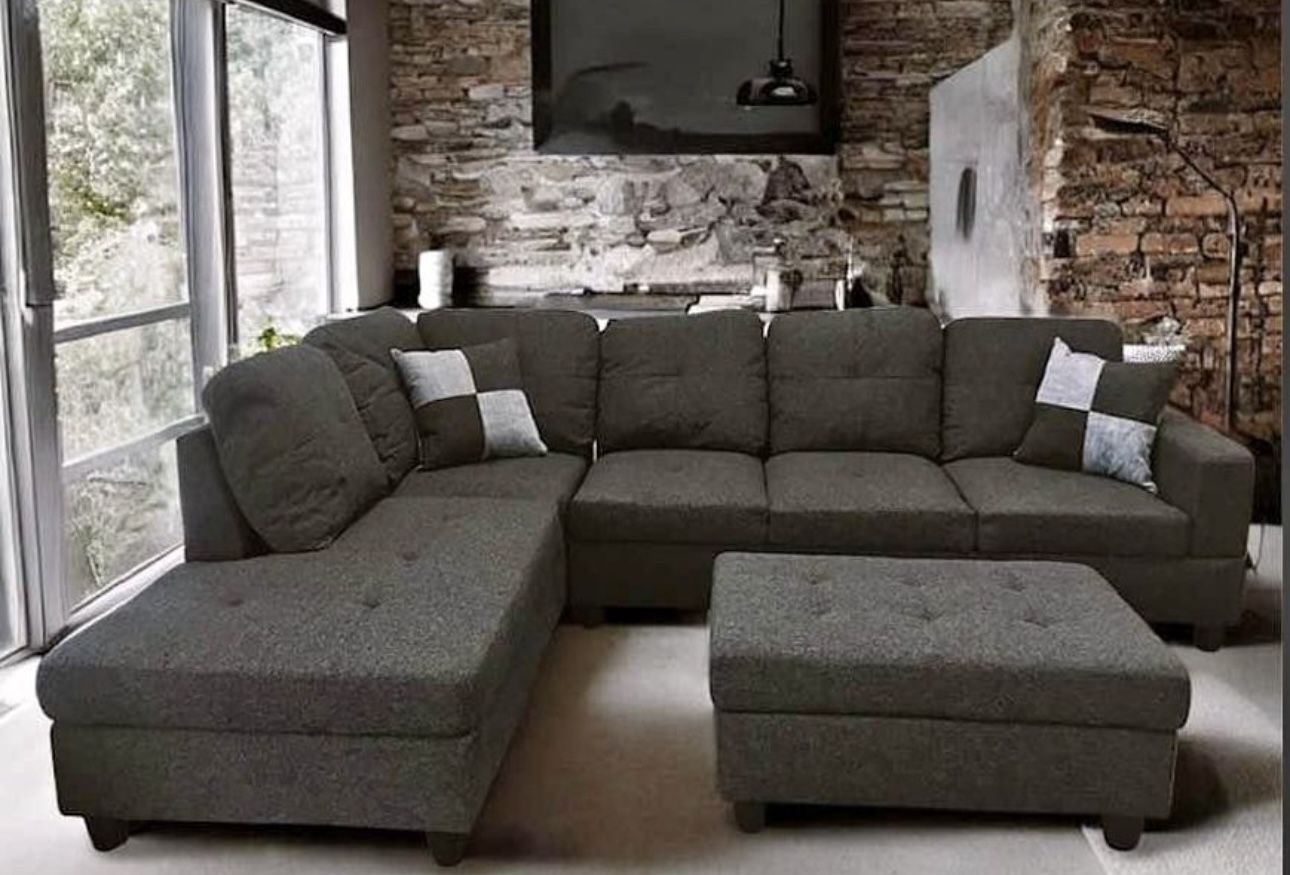 Charcoal Linen Sectional Couch And Ottoman 