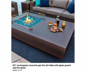 65’’ rectangular concrete gas fire pit table with glass guard and fire glass