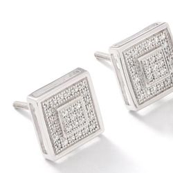 Square Diamond Pavé Stud Earrings White Gold 925 Sterling Silver Butterfly