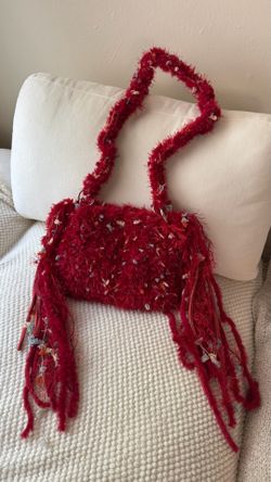 Handmade Red Fringe Beaded Shoulder Bag for Women, Braided Rectangle Style