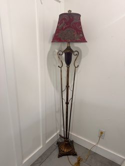 Ornate Gold Metal Floor Lamp with Red Shade