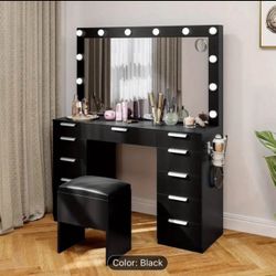 Modern Vanity Makeup Desk with Lighted Mirror & Storage Drawers + Stool