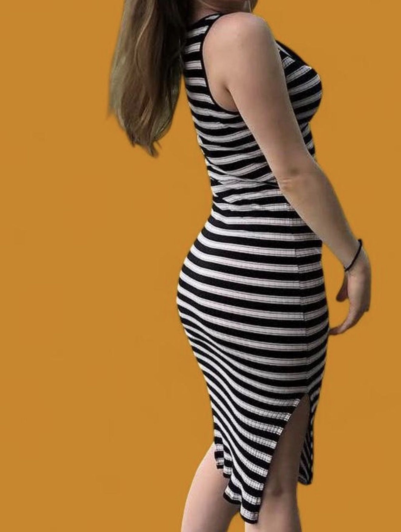 Black&white Striped Stretchy Bodycon Midi Dress