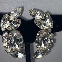 Vintage White Rhinestones, Silver Tone, Clip On Earrings 