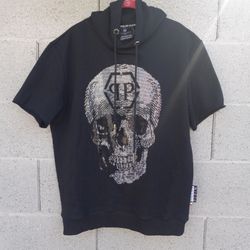 Philipp Plein Black Silver Skull Sweatshirt Hoodie Distressed Cutoff Sleeve Size XL