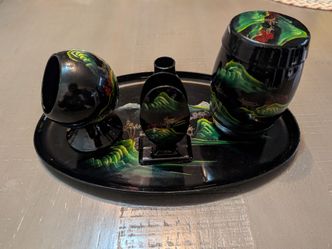 Vintage Asian Black Lacquer Vanity Smoking Set Hand Painted Mountain Scene