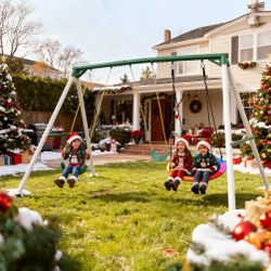 9.5' Tall Heavy Duty A-Frame Metal Swing Set with 32"Saucer Swing and 2 EVA Belt Swing
