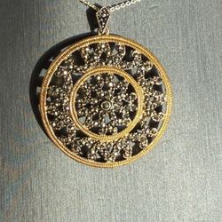Vintage Gold Tone Marcasite Circle Pendant Necklace | Victorian Style Filigree Lace Medallion | Antique Style Statement Jewelry