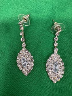 Silver-Plated Clear Rhinestone Teardrop Marquise Pavé Dangle Earrings