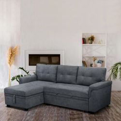 84.64 in. Velvet L-Shaped Sleeper Sectional Sofa with Square Arms in Dark Gray, Reversible Chaise, and Pull-out Sofa Bed