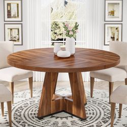 Round Dining Table for 4, 47" Wood Kitchen Table Farmhouse Dinner Table