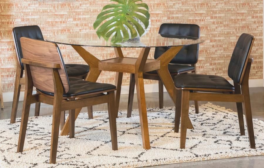 Dining set 5 pc Clear Tempered glass top, Nutmeg wood finish, Black leatherette, New Especial price