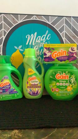 1-42 Gain flings 1-105 sheets 1-fabric softener 44oz 1-Detergent 46oz All for $26