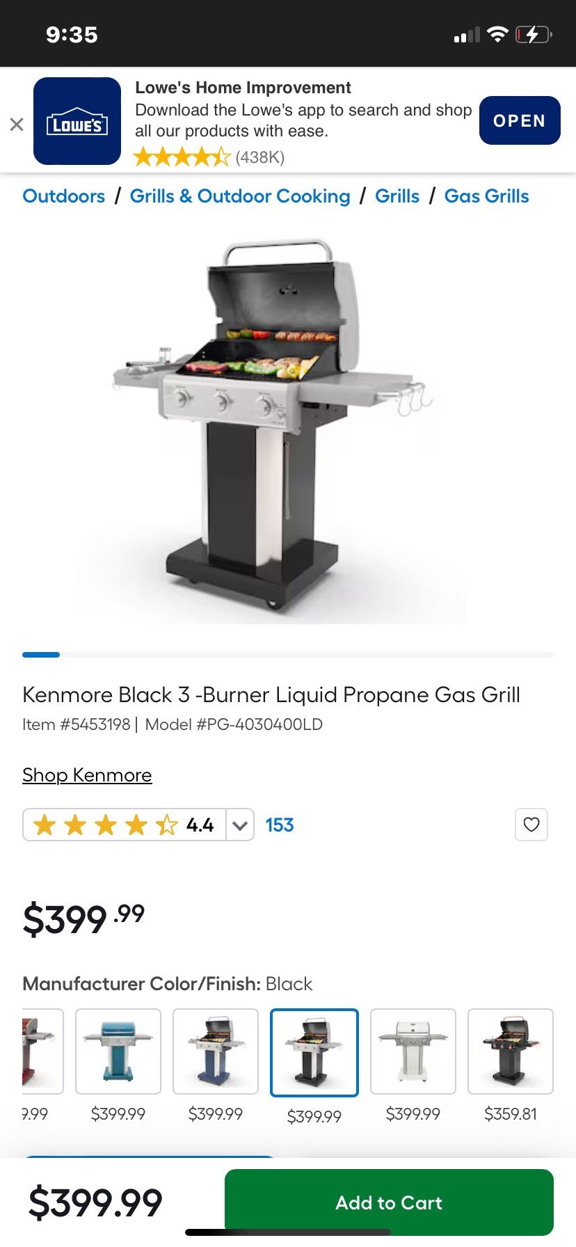 Kenmore 3 Burner Propane Gas Grill