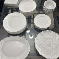 White Plate, Bowl, And Serving Set