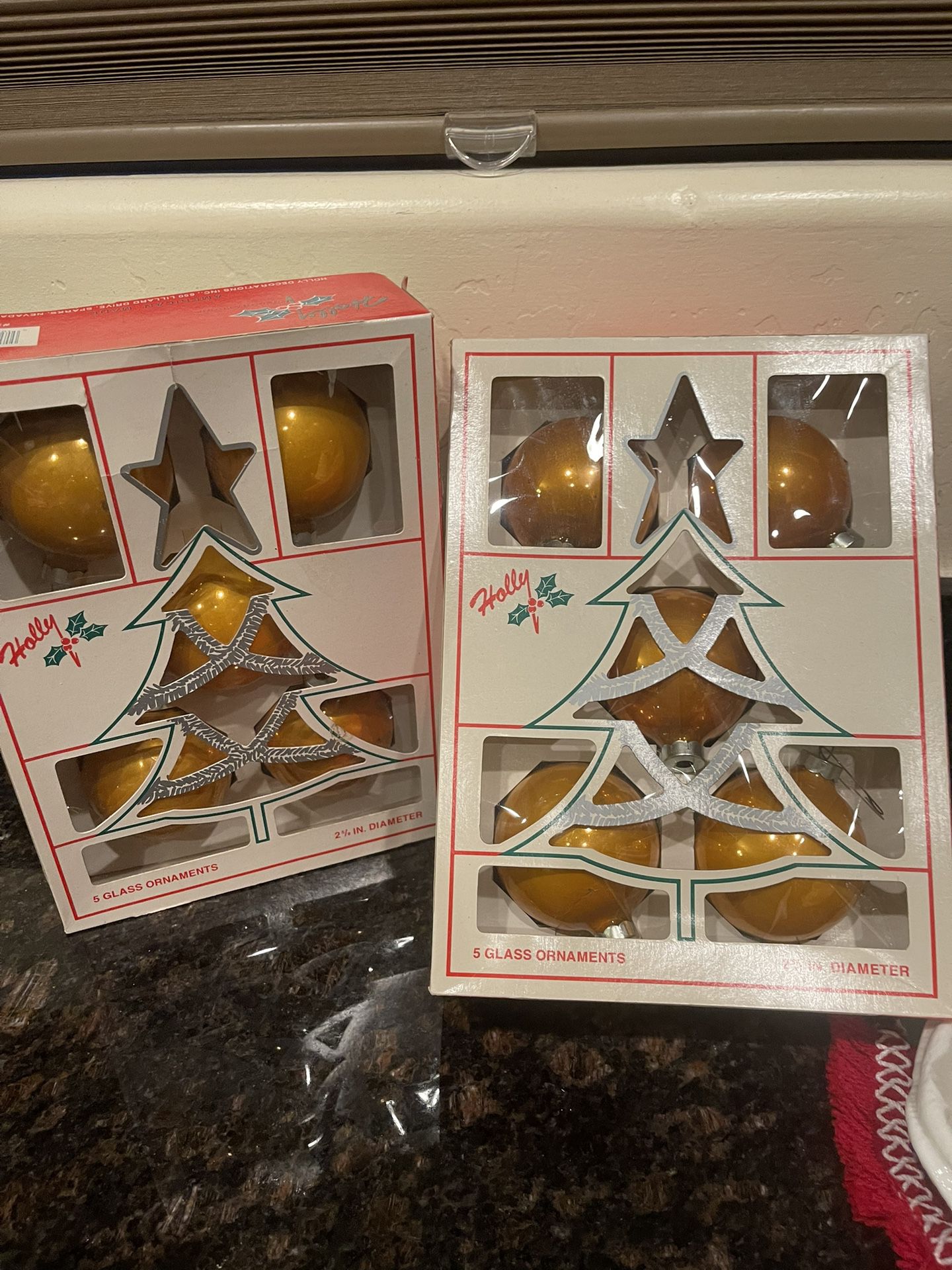 Vintage Set of 5 holly mercury glass Ornaments per purchase.