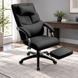 Black Fabric Reclining Office Chair with Footrest