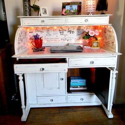 Desk Woman's Inspiration Girl Power Desk Chalk Painted Home Office Decor String Lights Cabinet
