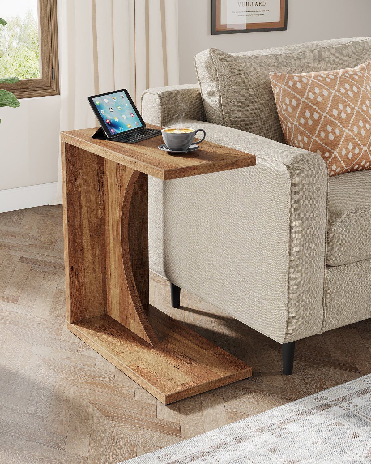 C-Shaped End Table, Sofa Side Table Couch Table Light brown