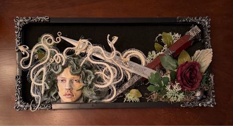 Oddities art piece Medusa myth real snake skeletons