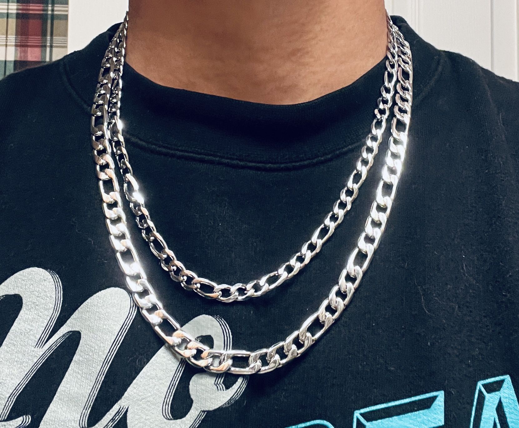 8.5mm + 6.5mm White Gold over Stainless Steel Figaro Chain Stack $90