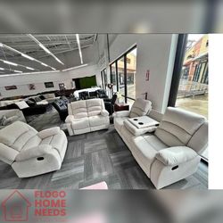3- Pieces White Fabric manual Recliner sofa set