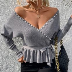 Grey long-sleeve peplum sweater-$40