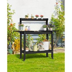 Outdoor Potting Bench with Sliding Tabletop, Wood Outside Garden Work Table, No Rust/Fade/Break