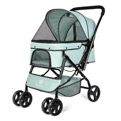 Pet Stroller for Medium Dogs Cats, with Dog Poop Bags, Reversible Handlebar, Tethers, Storage Basket