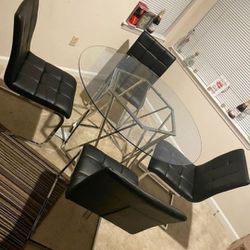 Ashley Signature Top Glass/Chrome  Round Dining Table And White Chairs💥Kitchen/Dining Set🌟Fastest Delivery ✅ Great Financing Options 👍 